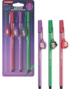 STABILO Pen 68 KPop Demon Hunters HUNTR/X-set med förpackning och tre tuschpennor med figurberlocker av Rumi, Zoey och Mira