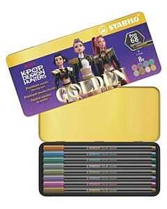 STABILO Pen 68 metallic KPop Demon Hunters med öppen guldfärgad metallask, åtta metallicpennor och dekorerat lock visat på snedden
