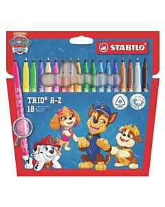 STABILO Trio A-Z PAW Patrol 18 tuschpennor i blått och rött kartongetui med Marshall, Skye, Chase och Rubble samt fönster som visar färgerna