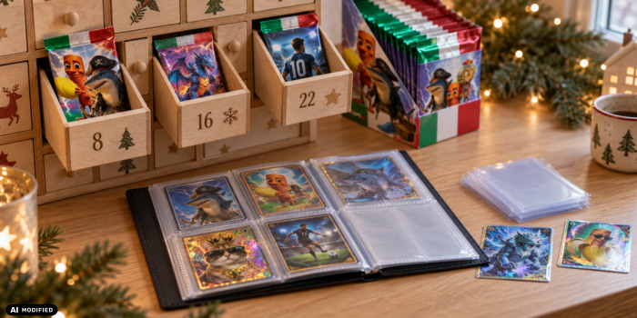 Samlekort og byttekort i kalenderlukene Boosterpakker med samlekort i en skuffekalender ved et åpent samlealbum