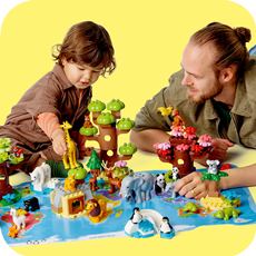 Lego Duplo lekesett med dyrefigurer og lekematte med verdenskart-trykk