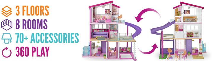 Stort dukkehus fra barbie med 3 etasjer, 8 rom og 70 tilbehørsdeler GNH53