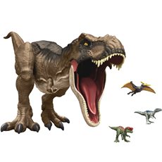 T-rex dinosaur figur som spiser minifigurer og slipper dem ut igjen via luke på magen