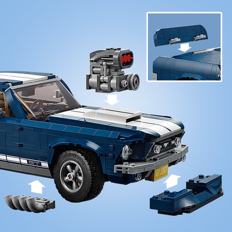 LEGO Ford Mustang med ekstrautstyr som turbolader, bakspoiler og store eksosrør